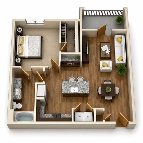 Floor plan for 1 bed, 1 bath, 782 sqft
